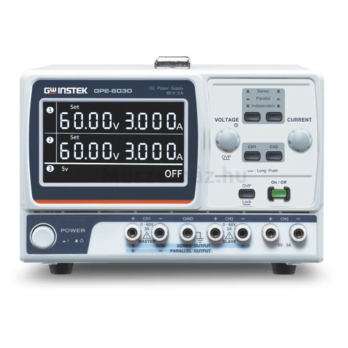 GW Instek GPE-3060, 2x30V-2x6A + 5V-5A 3 csatornás trafós tápegység