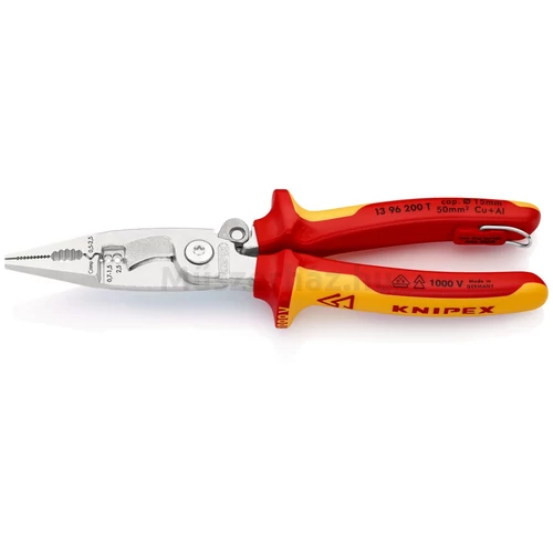 KNIPEX 13 96 200 T elektromos szerelőfogó, beépített szigetelt rögzítőszemmel, 200 mm